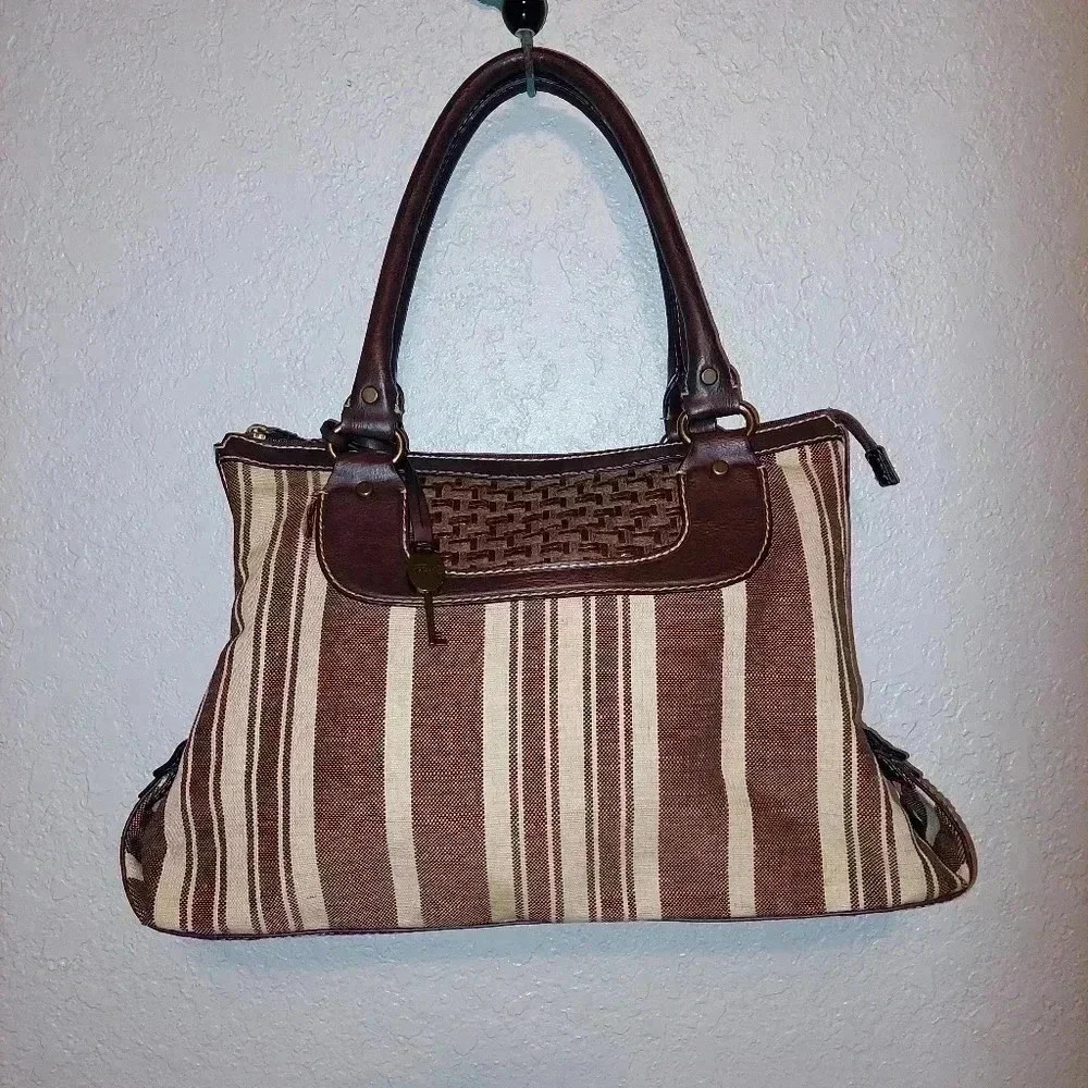 Fossil Vintage Y2K Large Canvas Brown Vegan Tote Handbag Purse